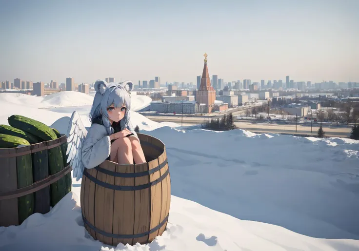 1girl, cute girl with bear ears and angel wings, she is sitting in a (barrel with cucumbers:1.1), view from above,
in the middle of post soviet city, main square, soviet buildings, moscow, frozen paradise covered in snow and ashes, wasteland, depressive and distressing atmosphere