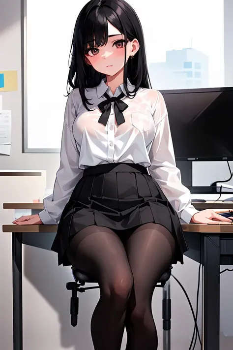 (masterpiece, best quality), a young black haired girl office secretary dressed in a transparent white blouse and black office skirt and black pantyhose ,sitting in an office chair, holding pencil, (detailed skin:1.3),(detailed eyes), (sharp focus),