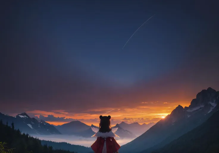 1girl, cute girl with bear ears and angel wings,
beautiful and epic scenery of sunset in mountains, asian nature, rainforest