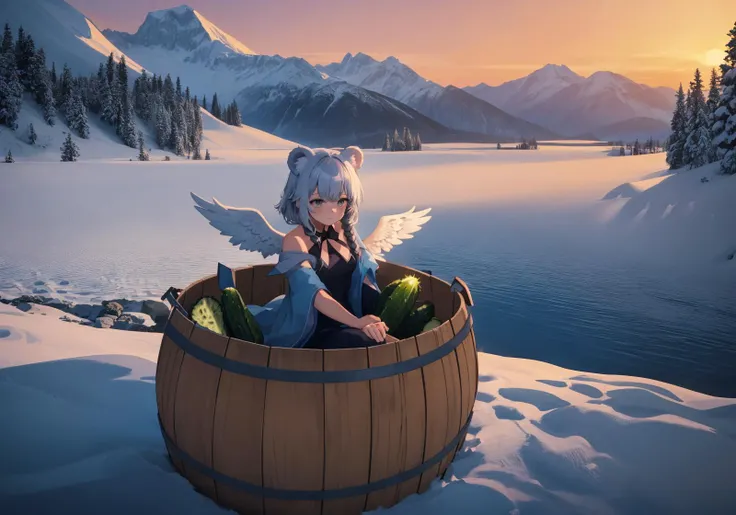 1girl, cute girl with bear ears and angel wings, she is sitting in a (barrel with cucumbers:1.1), view from above,
beautiful and epic scenery of sunset in mountains, frozen paradise covered in snow and ashes, wasteland, depressive and distressing atmosphere