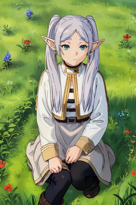 masterpiece,best quality,highres,ultra-detailed,1girl, grey_hair, twintails, elf, pointy_ears, long_hair, green_eyes, blue_eyes, small_breasts, earrings, red_earrings, grey_hair, twintails, elf, pointy_ears, long_hair, green_eyes, blue_eyes, small_breasts, pantyhose, black_pantyhose, boots, brown_footwear, shirt, earrings, red_earrings, dress, white_dress, belt thick eyebrows, closed mouth, expressionless, cowboy shot, field of wildflowers, close-up, <lora:Frieren-10:0.8>