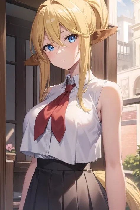 centoreashianus, <lora:centoreashianus-lora-nochekaiser:1>,
centorea shianus, animal ears, blonde hair, blue eyes, centaur, horse ears, horse tail, long hair, monster girl, ponytail, tail,
BREAK sleeveless, shirt, white shirt, neckerchief, red neckerchief, collar, skirt, black skirt,
BREAK looking at viewer,
BREAK outdoors,
BREAK <lyco:GoodHands-beta2:1>, (masterpiece:1.2), best quality, high resolution, unity 8k wallpaper, (illustration:0.8), (beautiful detailed eyes:1.6), extremely detailed face, perfect lighting, extremely detailed CG, (perfect hands, perfect anatomy),