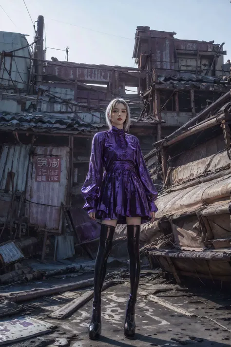 xuer old-world charm,1girl,high heels,solo,pantyhose,standing,outdoors,building,sky,(roof:1.3),
dress,makeup,black nails,red lips,lipstick,jewelry,full body,
(white hair:1.3),
(purple pantyhose:1.2),
<lora:~Q?-eNuLER xuer old world charm:0.8>,