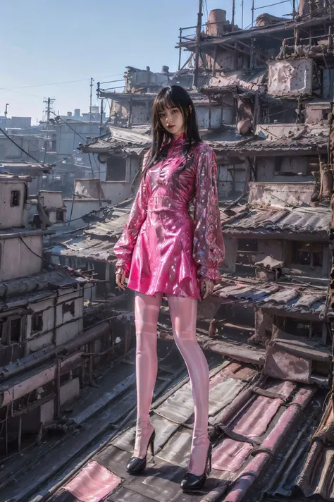 xuer old-world charm,1girl,high heels,solo,pantyhose,standing,outdoors,building,sky,(roof:1.3),
dress,makeup,black nails,red lips,lipstick,jewelry,full body,
(white hair:1.1),
(pink pantyhose:1.4),
<lora:~Q?-eNuLER xuer old world charm:0.8>,