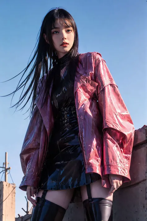 xuer old-world charm,1girl,solo,thighhighs,black hair,long hair,jacket,sky,blue sky,bangs,outdoors,garter straps,blunt bangs,black thighhighs,day,standing,pink jacket,dress,long sleeves,sleeves past wrists,
Dynamic Angle,Dynamic posture,
<lora:~Q?-eNuLER xuer old world charm:0.8>,