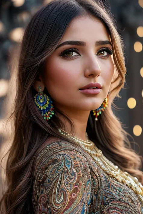 beautiful woman (EPM410m4r:.99), perfect hair, jewellery, ((portrait)), (closeup:1.3), ((from the waist up)), (((  colorful, abstract background :1.2 ))), natural skin texture,  (( Paisley dress :1.2)), 24mm, 4k textures, soft cinematic light, adobe lightroom, photolab, hdr, intricate, elegant, highly detailed, sharp focus, ((((cinematic look)))), soothing tones, insane details, intricate details, hyperdetailed, low contrast, soft cinematic light, exposure blend, hdr, faded, now, ("I've got a bad feeling about this.":1.1)