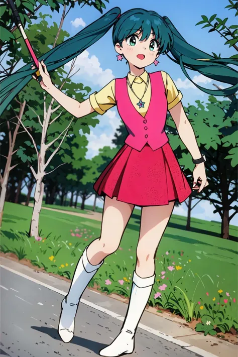 Anime girl with long green hair and pink dress holding a umbrella ...