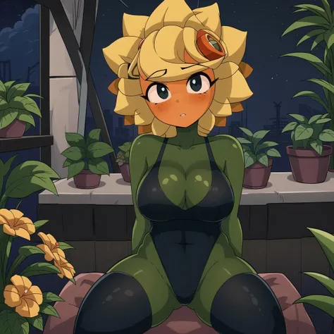 (masterpiece, best quality:1.1), solarx, 1girl, solo, green skin, breasts, sitting, parted lips, looking at viewer, outdoors, botanical garden, greenhouse, tropical plants, flowers, night, dark, depressed
