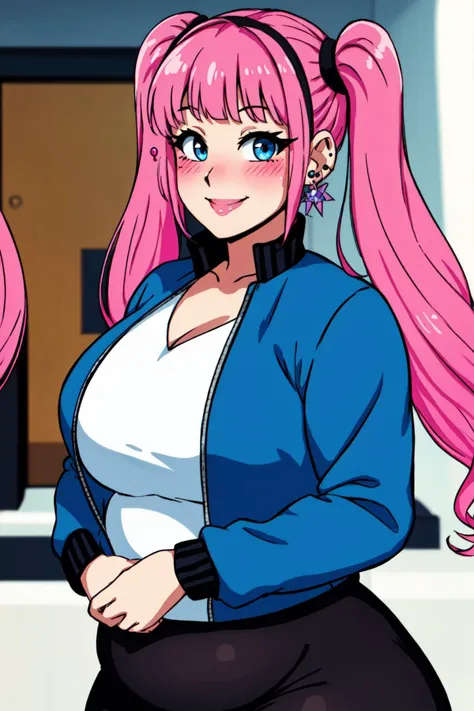 looking at viewer, blush, smile, bangs, long sleeves, twintails, jewelry, blue hair, jacket, upper body, pink hair, multicolored hair, earring, voluptuous, chubby, wide hips,