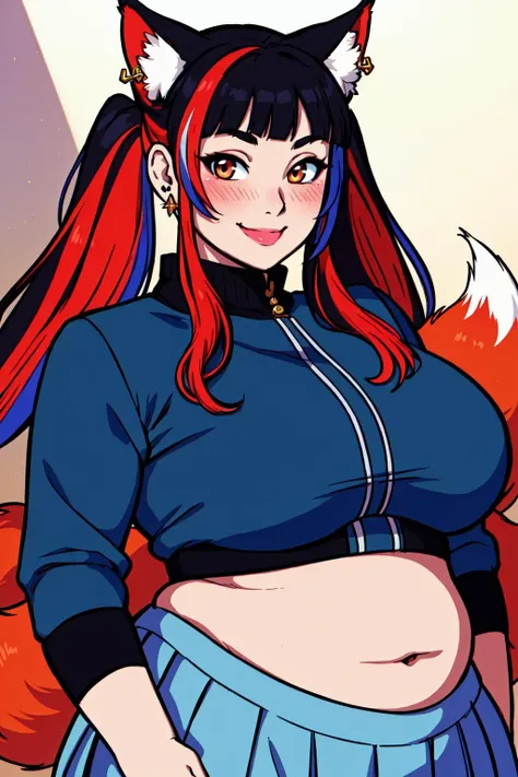 masterpiece, official art, best quality, best illustration, extreme light and shadow, looking at viewer, blush, smile, bangs, long sleeves, twintails, jewelry, blue hair, jacket, upper body, mini skirt, red hair, multicolored hair, streaked hair, black hair, jewelery, earring, voluptuous, chubby, Seductive, wide hips, By art germ, wlop, ross tran, Vivacious, fox ears, animal ear fluff, nine tailed fox