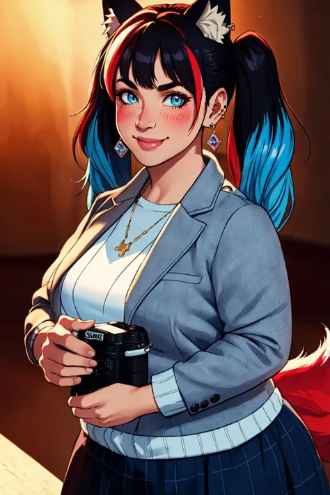 masterpiece, official art, best quality, best illustration, extreme light and shadow, looking at viewer, blush, smile, bangs, long sleeves, twintails, jewelry, blue hair, jacket, upper body, mini skirt, red hair, multicolored hair, streaked hair, black hair, jewelery, earring, voluptuous, chubby, Seductive, wide hips, By art germ, wlop, ross tran, Vivacious, fox ears, animal ear fluff, nine tailed fox DSLRQuality-Realism  HoldingACupofCoffee Best_QualityPos BodyPositive Earth-QualityPos