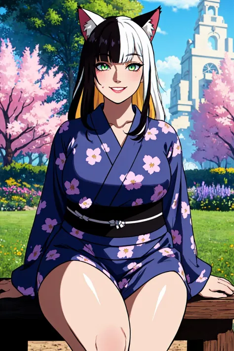 wide hips, (asymmetrical blunt_bangs, hair over one eye), two tone hair, streaked hair, multicolored hair, blonde hair, red hair, long hair, outdoors, park, park bench, dirt path, garden, flowers, violet eyes, solo, smiling, looking at viewer BodyPositive Best_QualityPos Earth-QualityPos DemonicYukata