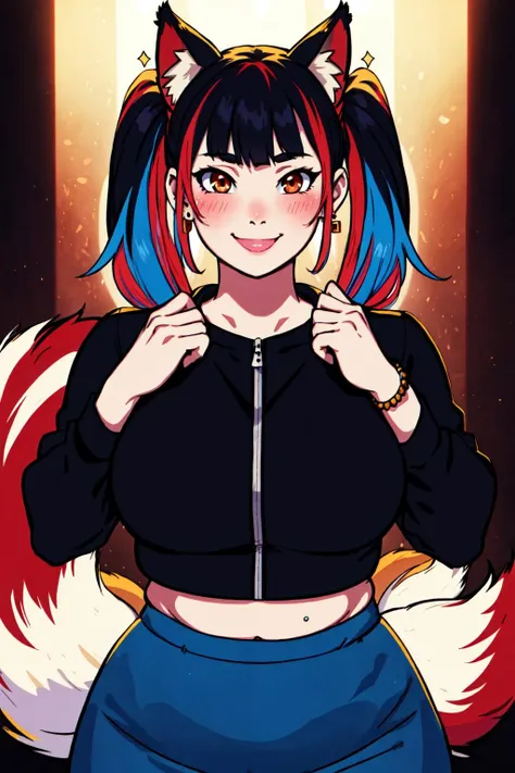 masterpiece, official art, best quality, best illustration, extreme light and shadow, looking at viewer, blush, smile, bangs, long sleeves, twintails, jewelry, blue hair, jacket, upper body, mini skirt, red hair, multicolored hair, streaked hair, black hair, jewelery, earring, voluptuous, chubby, Seductive, wide hips, By art germ, wlop, ross tran, Vivacious, fox ears, animal ear fluff, nine tailed fox