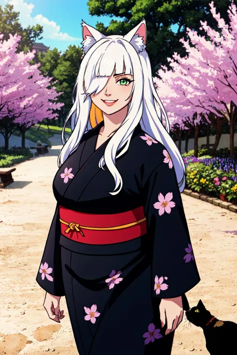 wide hips, (asymmetrical blunt_bangs, hair over one eye), two tone hair, streaked hair, multicolored hair, blonde hair, red hair, long hair, outdoors, park, park bench, dirt path, garden, flowers, violet eyes, solo, smiling, looking at viewer BodyPositive Best_QualityPos Earth-QualityPos DemonicYukata