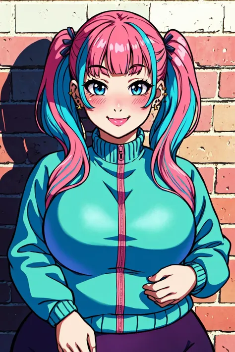 masterpiece, official art, best quality, best illustration, extreme light and shadow, looking at viewer, blush, smile, bangs, long sleeves, twintails, jewelry, blue hair, jacket, upper body, pink hair, multicolored hair, earring, voluptuous, chubby, wide hips, By art germ, wlop