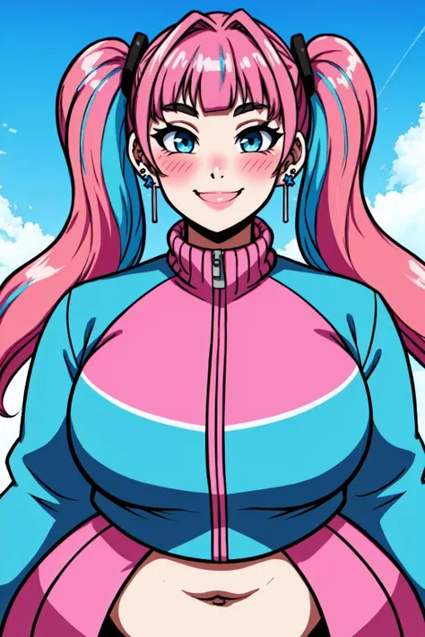 looking at viewer, blush, smile, bangs, long sleeves, twintails, jewelry, blue hair, jacket, upper body, pink hair, multicolored hair, earring, voluptuous, chubby, wide hips,