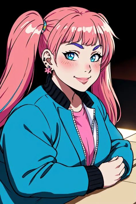 looking at viewer, blush, smile, bangs, long sleeves, twintails, jewelry, blue hair, jacket, upper body, pink hair, multicolored hair, earring BodyPositive Best_QualityPos Earth-QualityPos