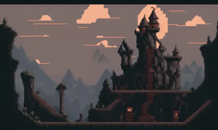 pixelart video game environment, Create an image of a dark and ominous castle, with towering walls, winding staircases, and the feeling of foreboding. Show the danger, the secrets, and the mysteries that lie within the ancient structure.