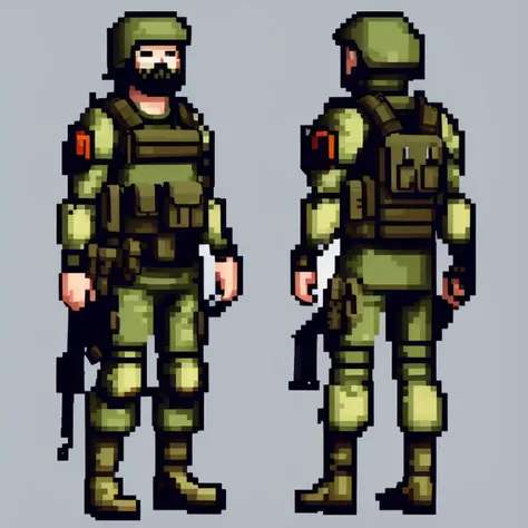 pixelart video game character, Create a member of an elite special forces unit, wearing camo fatigues, combat boots, and carrying a combat knife.