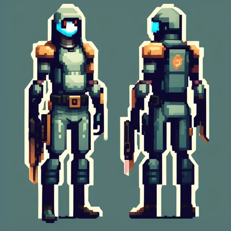 pixelart video game character, A cybernetic assassin with a pistol, a stealth mode, and a contract to kill.