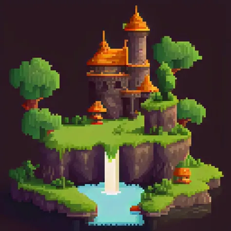 pixelart, isometric, castle on an island, sourrounded by water, dragon