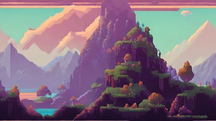 fantasy,mountainous horizon,breezy,vibrant,pixelart,