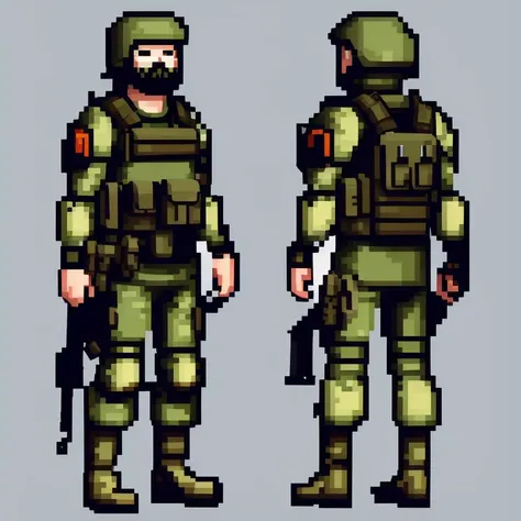 pixelart video game character, Create a member of an elite special forces unit, wearing camo fatigues, combat boots, and carrying a combat knife.