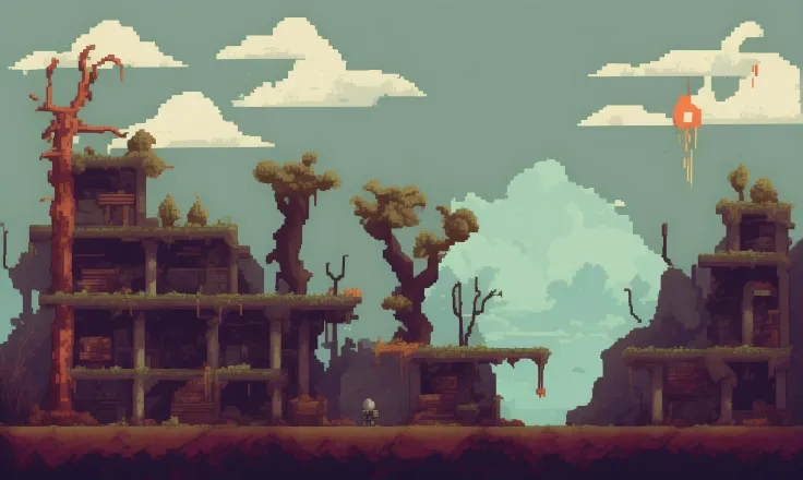 pixelart  video game environment, Generate an image of a post-apocalyptic wasteland, with desolate ruins, scattered debris, and the feeling of hopelessness. Show the struggles, the dangers, and the sense of survival that comes with living in a world of destruction.