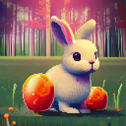 bunny, carrot, in a field, in front of the forrest, sunny day <lora:pixhell21Lora_v10:0.5>