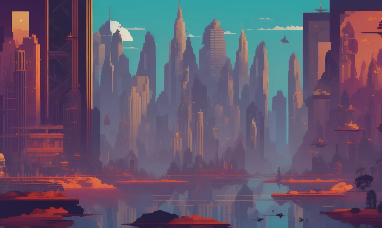 pixelart Create an image of a futuristic city, with gleaming skyscrapers, flying cars, and advanced technology. Show the bustling streets, the neon lights, and the people of the future.