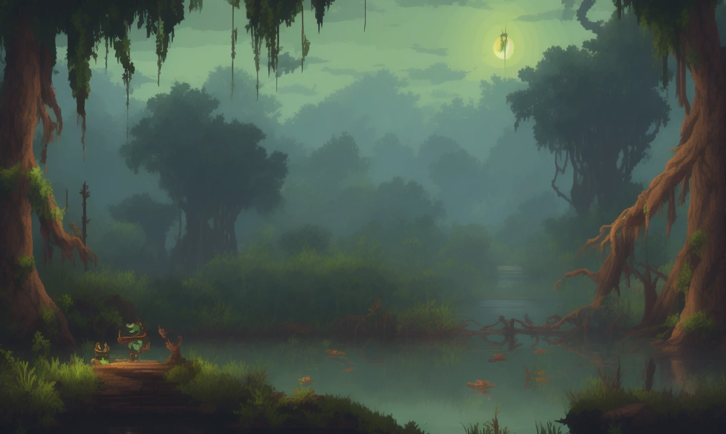 pixelart video game environment, Produce an image of a steamy and dense swamp, with murky water, tangled vines, and the sounds of croaking frogs. Show the danger, the mystery, and the sense of exploration that comes with navigating a challenging environment.