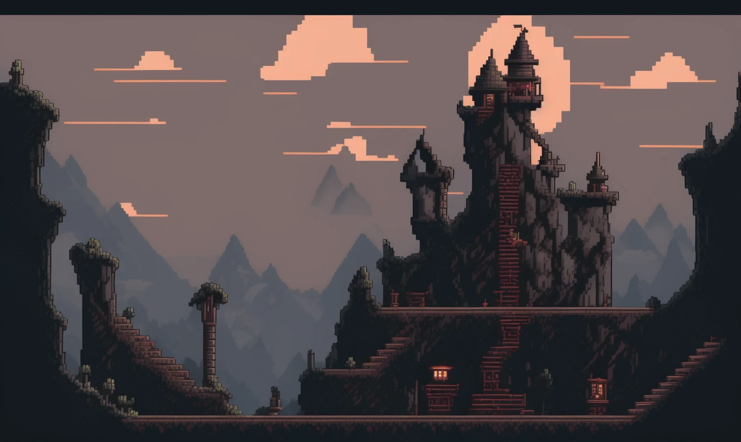 pixelart video game environment, Create an image of a dark and ominous castle, with towering walls, winding staircases, and the feeling of foreboding. Show the danger, the secrets, and the mysteries that lie within the ancient structure.