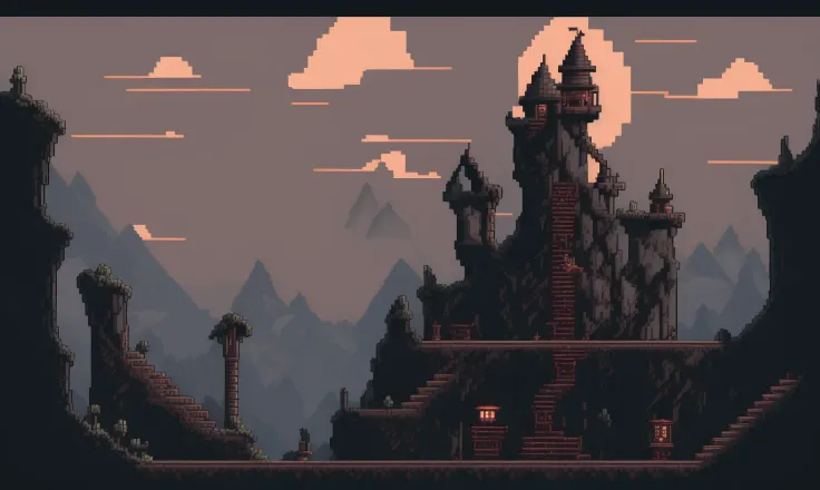 pixelart  video game environment, Create an image of a dark and ominous castle, with towering walls, winding staircases, and the feeling of foreboding. Show the danger, the secrets, and the mysteries that lie within the ancient structure.