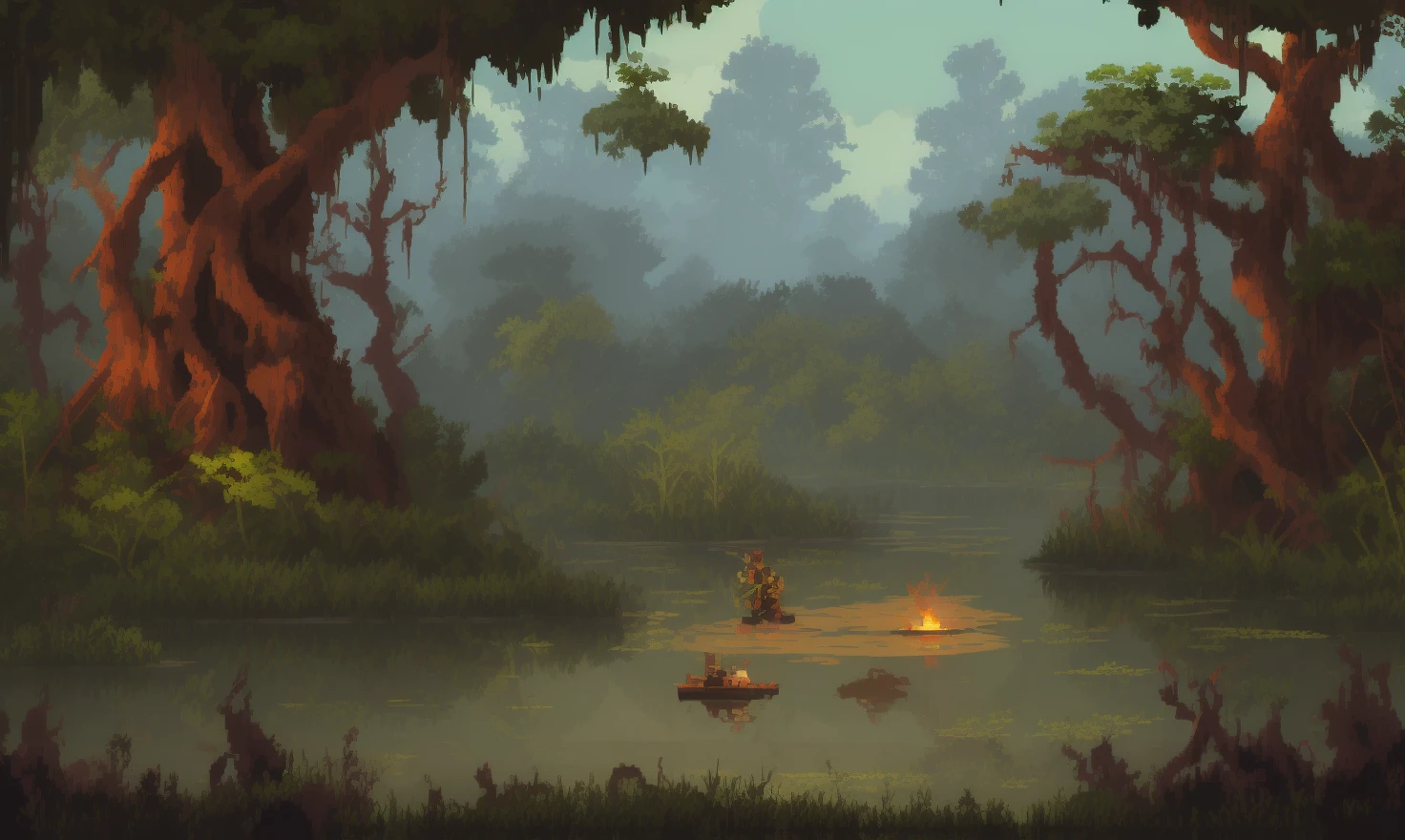 pixelart Produce an image of a steamy and dense swamp, with murky water, tangled vines, and the sounds of croaking frogs. Show the danger, the mystery, and the sense of exploration that comes with navigating a challenging environment.