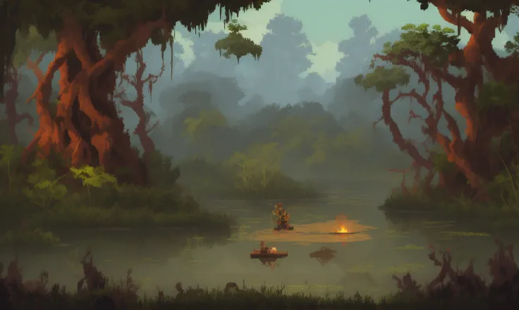 pixelart  Produce an image of a steamy and dense swamp, with murky water, tangled vines, and the sounds of croaking frogs. Show the danger, the mystery, and the sense of exploration that comes with navigating a challenging environment.