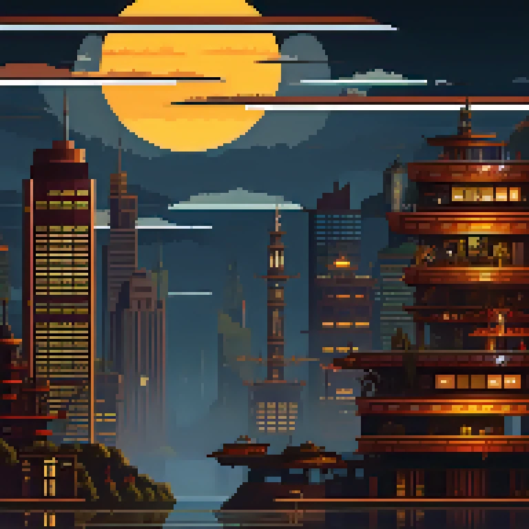 16 bit, pixelart, blade runner, (skyline:1), futuristic, cyberpunk, city, huge buildings, billboards, flying cars, dark clouds, dark sky, at night, led lights, dark vibe, dirty