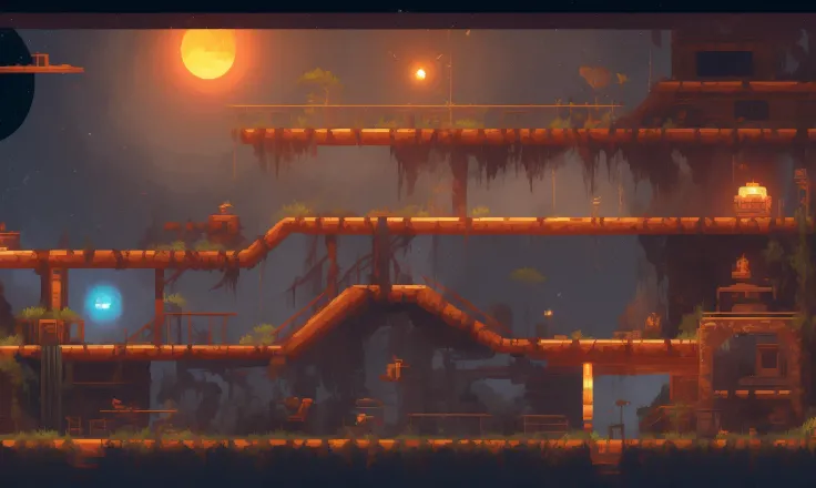 pixelart video game environment, Create an image of an abandoned space station, with broken systems, flickering lights, and a sense of danger. Show the wreckage, the abandoned rooms, and the unknown threats that linger.