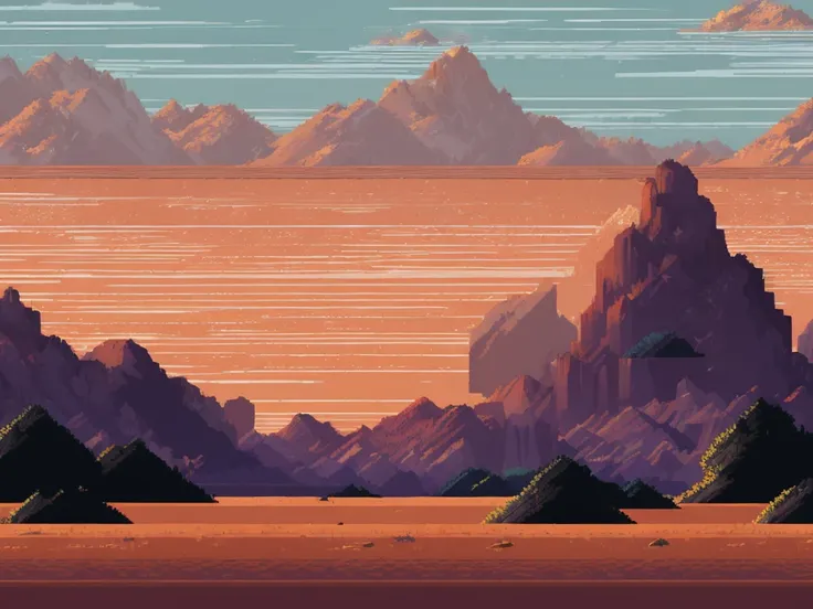 pixelart dune planet landscape, depth of field