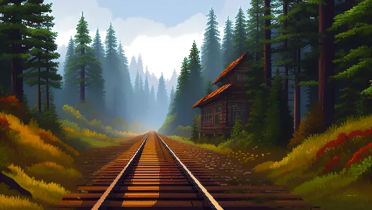 pixelart, an abandoned railway track running through the thick forest, rain, <lora:pixhell21Lora_v10:1>