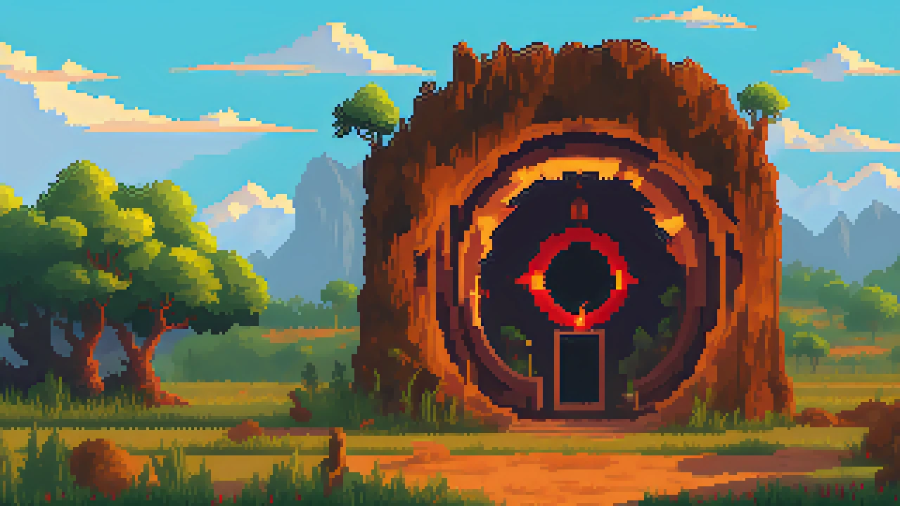 pixelart, a portal to hell in the middle of a sunny grassy field <lora:pixhell21Lora_v10:1>