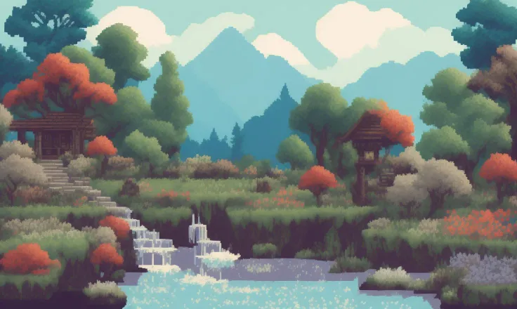 pixelart Generate an image of a beautiful and serene garden, with colorful flowers, gentle streams, and the sounds of nature. Show the tranquility, the life, and the beauty of a perfect day.