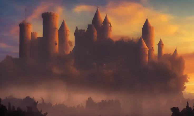 medieval castle,sunset,monster around