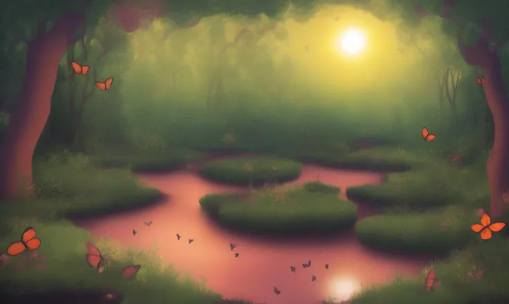 Sunset in the Enchanted Forest,small stream meandering through the forest,Some butterflies gracefully fly in the air