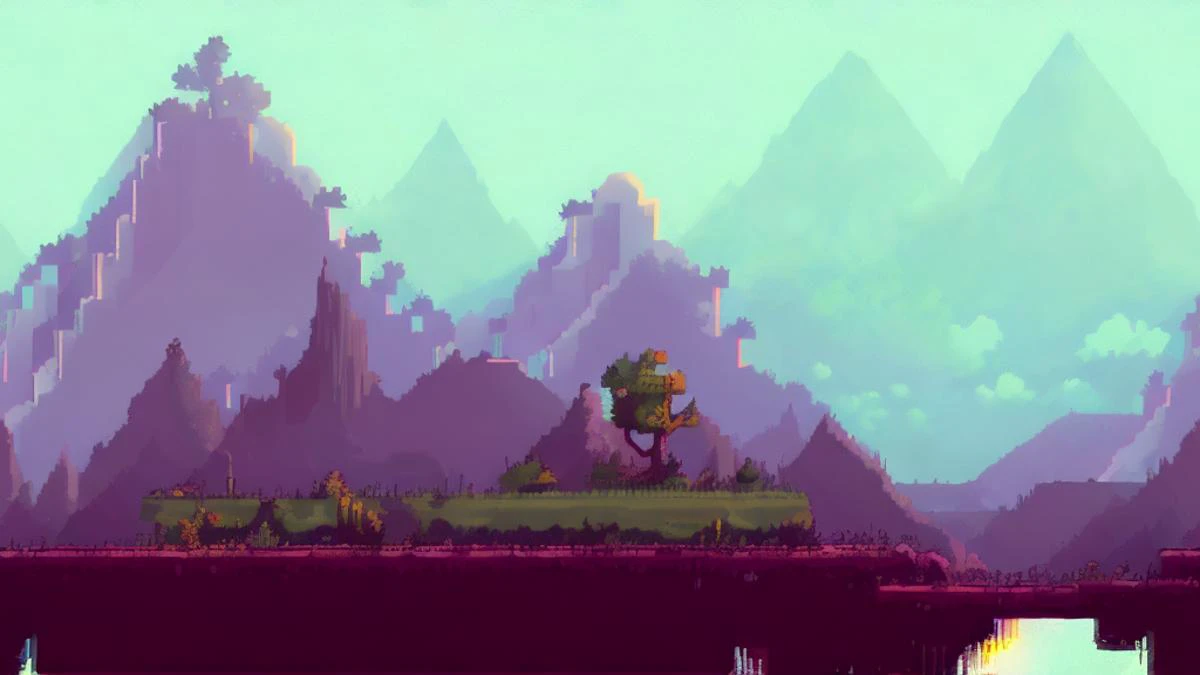 fantasy,mountainous horizon,breezy,vibrant,pixelart,