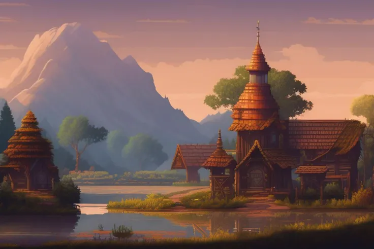 pixelart of magical city, ancient village, godrays|Golden Hour, ultra detailed