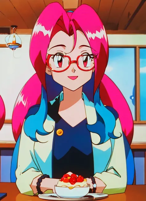 ((best quality)), ((highly detailed)), masterpiece, absurdres, (detailed eyes, deep eyes), (1girl), (glasses), cowboy shot, gyaru, (((multicolored hair))), ((bleach blonde hair and light blue hair and pink hair)), hair tubes, two-toned hair, red hair, brown eyes, smiling, jewelry, bracelets, piercings, scrunchies, (indoors, at a dining room), <lora:pokemonanimeV2:1>, pokemonstyle