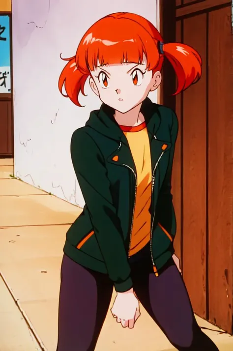 <lora:pokemonanimeV2:0.85> pokemonstyle,, absurdres, ultra detailed, masterpiece, best quality, aesthetic, detailed,, solo, 1girl, red hair, orange eyes, amber eyes, swept bangs, parted bangs, <lora:LowTwintailsHelper:1> low twintails,
short hair, medium hair, small breasts, <lora:Tsurime3:1>, (tsurime:1.2),, leggings, leather jacket, long shirt, combat boots, hoodie,