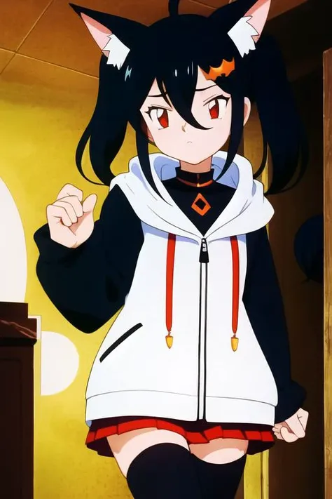 1girl, flat chest, short hair, black hair, ahoge, messy hair, payot, twintails, short twintails, animal ears, animal ear fluff, bat ears, bangs, hair between eyes, bat hair ornament, expressionless, empty eyes, red eyes, glowing eyes, white dress, short dress, pleated skirt, hooded jacket, black jacket, open jacket, open clothes, black hood, hood down, long sleeves, wide sleeves, sleeves past wrists, sleeves past fingers, black thighhighs, zettai ryouiki, boots, black footwear, Tomb, ancient Egypt, hieroglyphs, statue, sarcophagus, torchlight, stone, darkness, corridor, grandeur, mystery, shadows, sand, masterpiece, best quality, official art, extremely detailed CG unity 8k wallpaper, artbook, yuzu-soft, kobuichi, muririn,