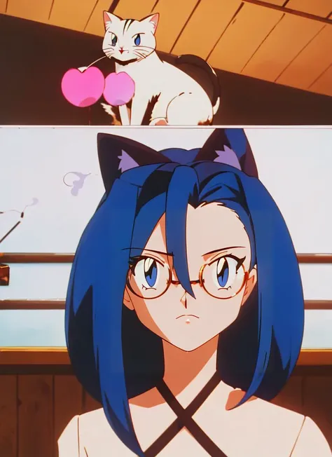 ((best quality)), ((highly detailed)), masterpiece, absurdres, extremely detailed face, beautiful face, (detailed eyes, deep eyes), (1girl), (glasses), dynamic pose, upper body, ((criss-cross halter)), cat girl, cat ears, cat tail, , <lora:slit-pupils:1>, snake eyes, (inside, in an onsen, steam, wet hair), <lora:pokemonanimeV2:1>, pokemonstyle