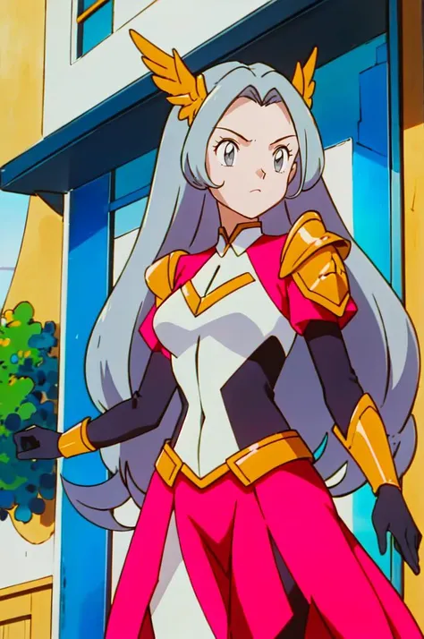 <lora:pokemonanimeV2:0.85> pokemonstyle,, absurdres, ultra detailed, masterpiece, best quality, aesthetic, detailed,, serious, 1girl, (white eyes:1.1), (grey eyes:1.3), white hair, very long hair, parted hair, parted bangs, <lora:parted_hair_v1.3:1.3>, medium breasts,, valkyrie, (bodysuit:1.1), pink wing hair ornament, grey armored skirt, black bodysuit, armor, gauntlets, pink breastplate, greaves, armored dress, pink hues,